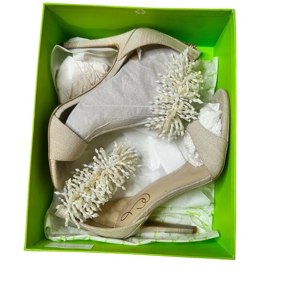 Sam Edelman Gillie Sand Linen Stilettos Open Toe Heels Beaded Size 7.5, 4'' Heel - Picture 10 of 13